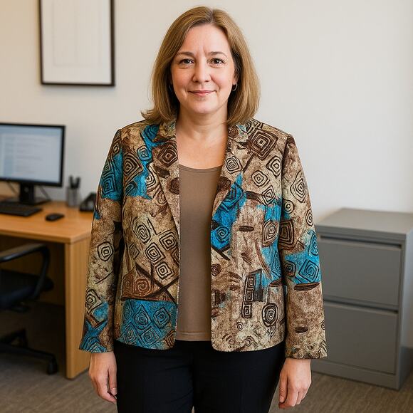 NWT Chico’s 100% Silk Abstract Print Jacket Sz 3 (XL/16) Brown/Teal - Picture 1 of 6